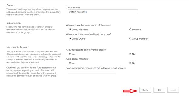 delete a group in SharePoint site